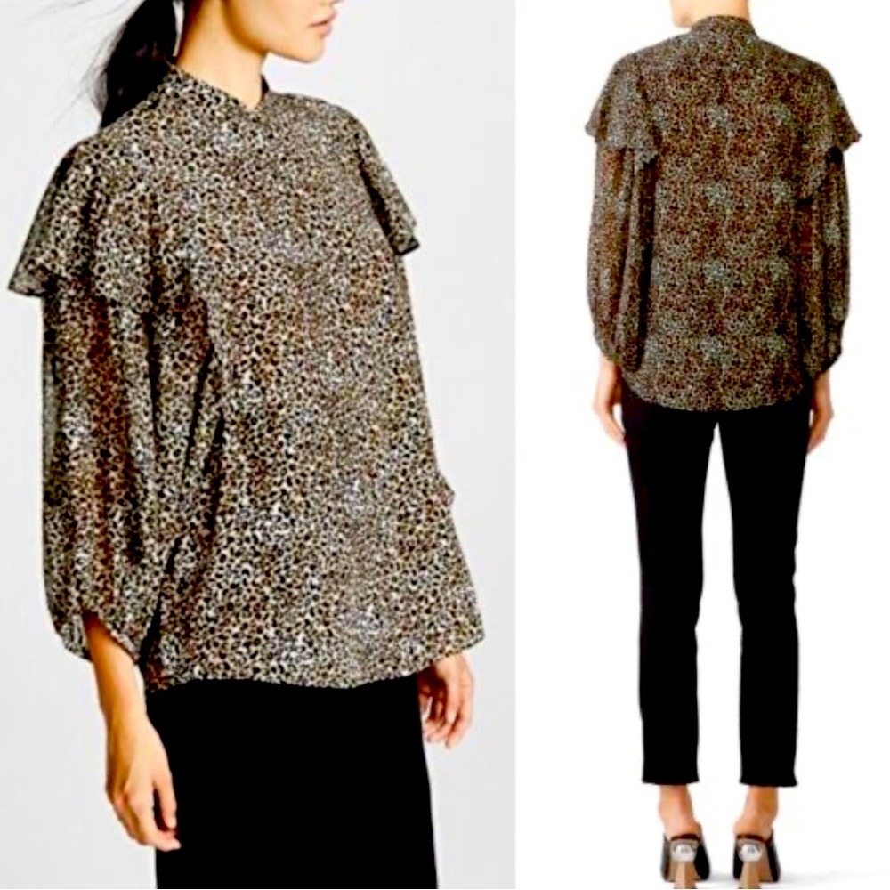 Saloni leopard silk blouse with cape sleeve